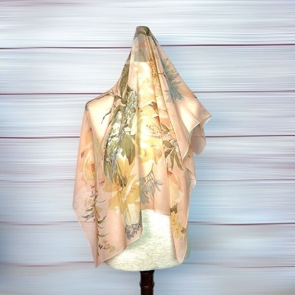 Ellen Tracy Silk Square Scarf Peach Roses Floral Print Lightweight Chiffon - Picture 5 of 10
